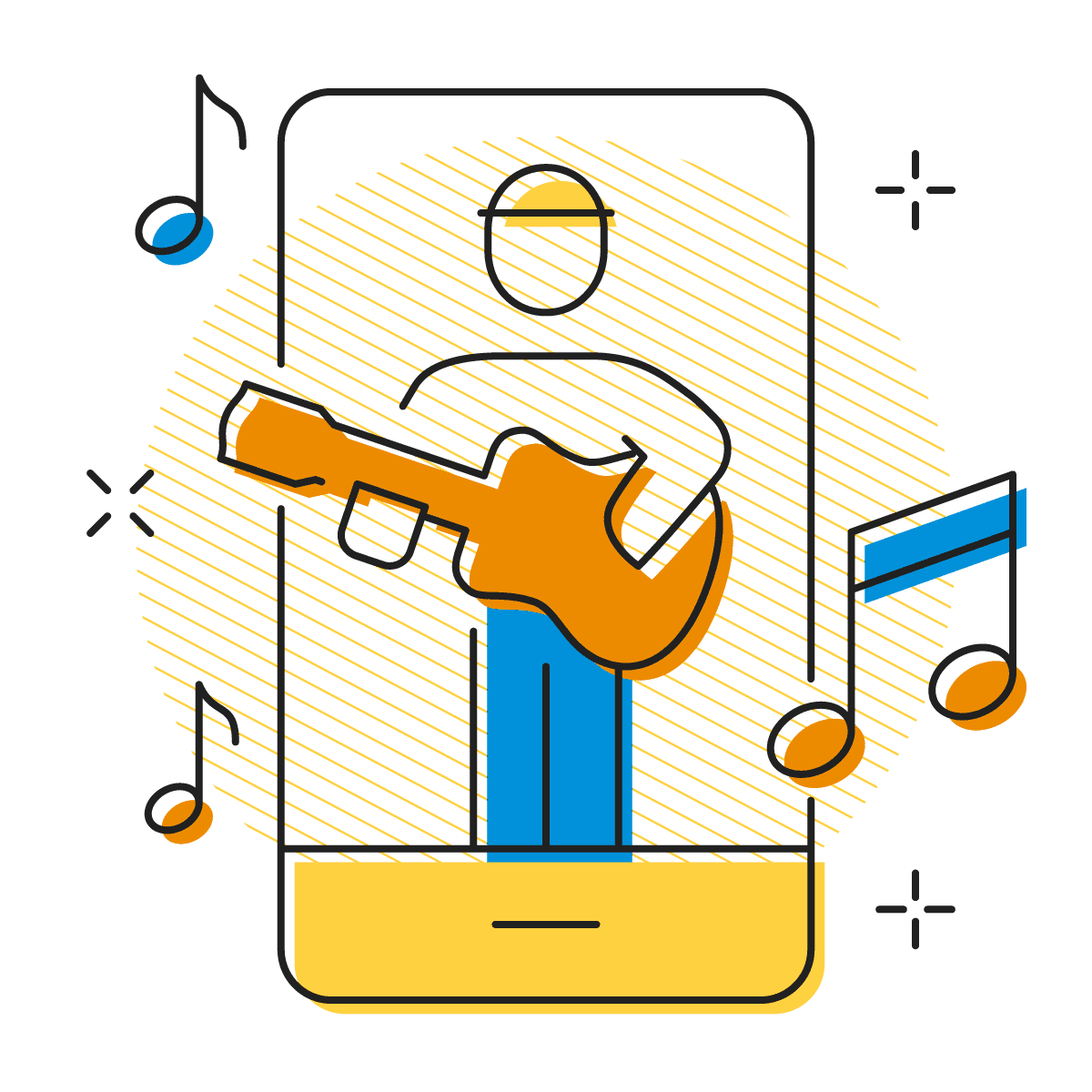 Illustration of guitar player over a smart phone